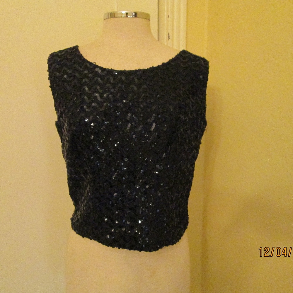 Vintage Black Sequin Sleeveless Blouse Medium